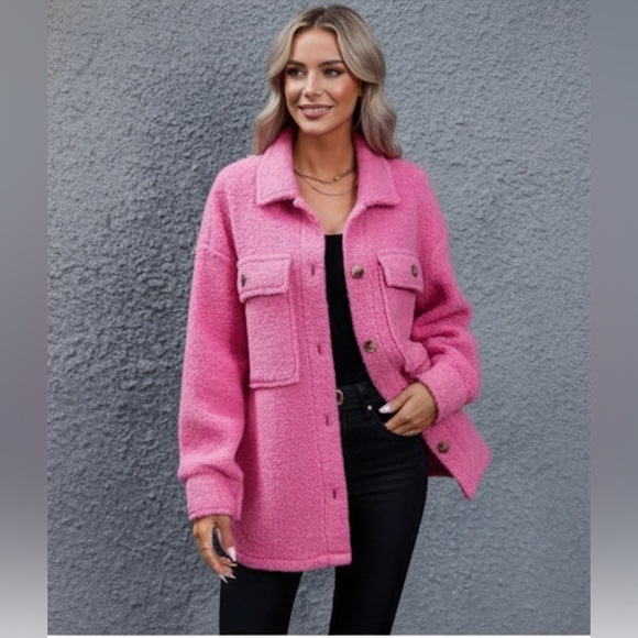 Flap Pocket Drop Shoulder Teddy Coat Jacket Pink - Picture 2 of 9